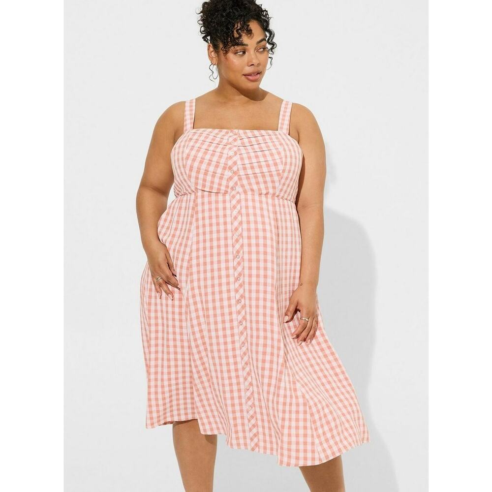 Torrid Gingham Seersucker Midi Sun Dress Peachy Pink Button Front Size 1